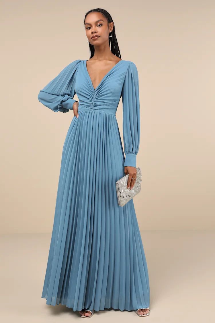 Sophisticated Grace Slate Blue Pleated Long Sleeve Maxi Dress | Lulus