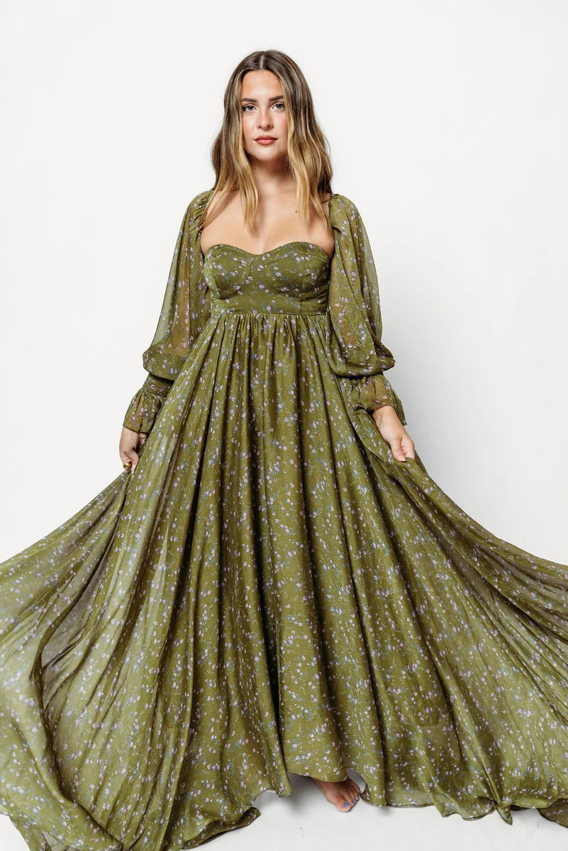 Delilah Floral Maxi Dress with Train in Dark Green - Bump Friendly *9/ | Worth Collective