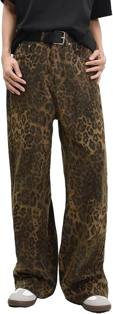 Leopard Print Jeans Cheetah Print Pants Straight Leg Baggy Jeans Y2k Grunge High Waisted Wide Leg... | Amazon (US)