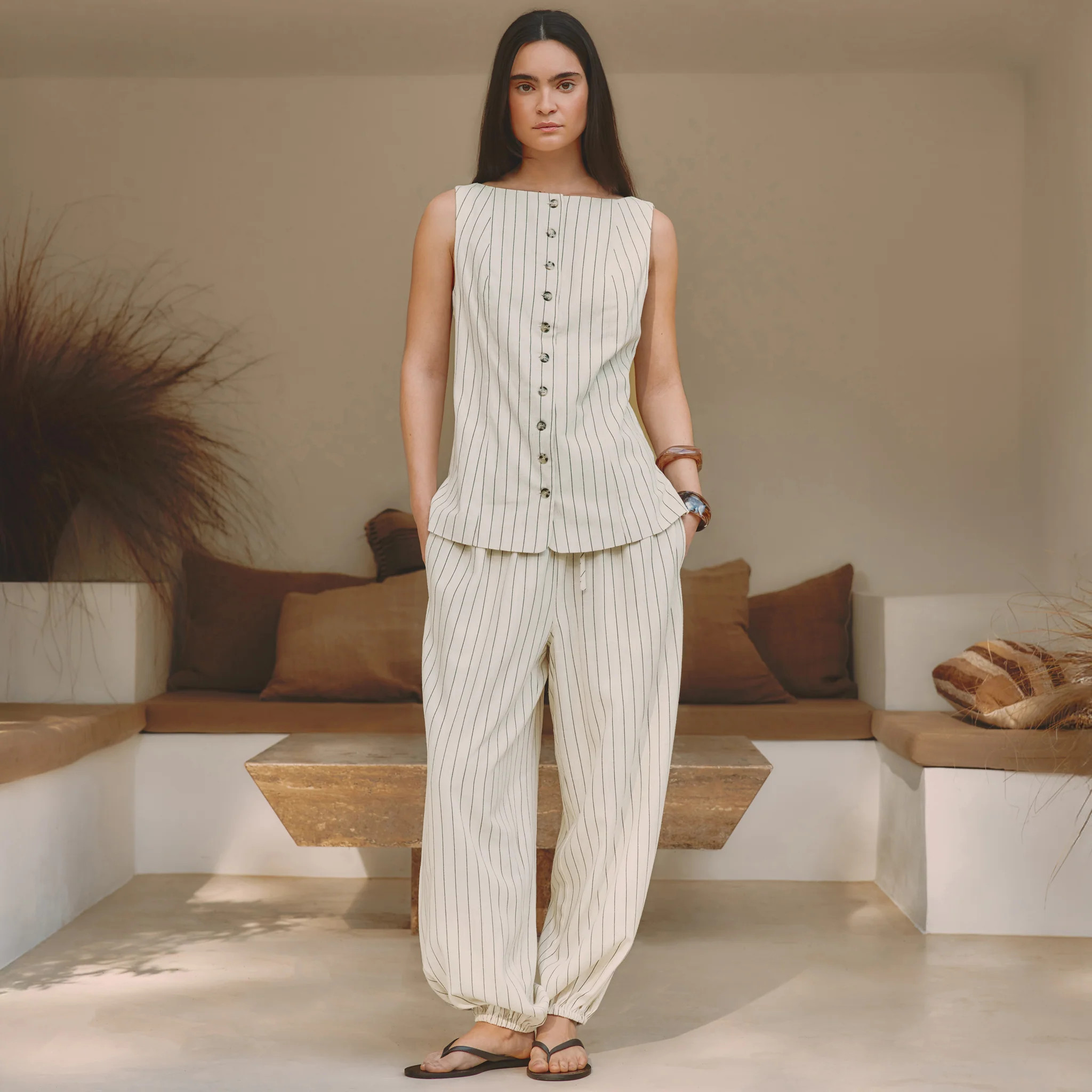 Linen Blend Pinstripe Balloon Trousers | Albaray
