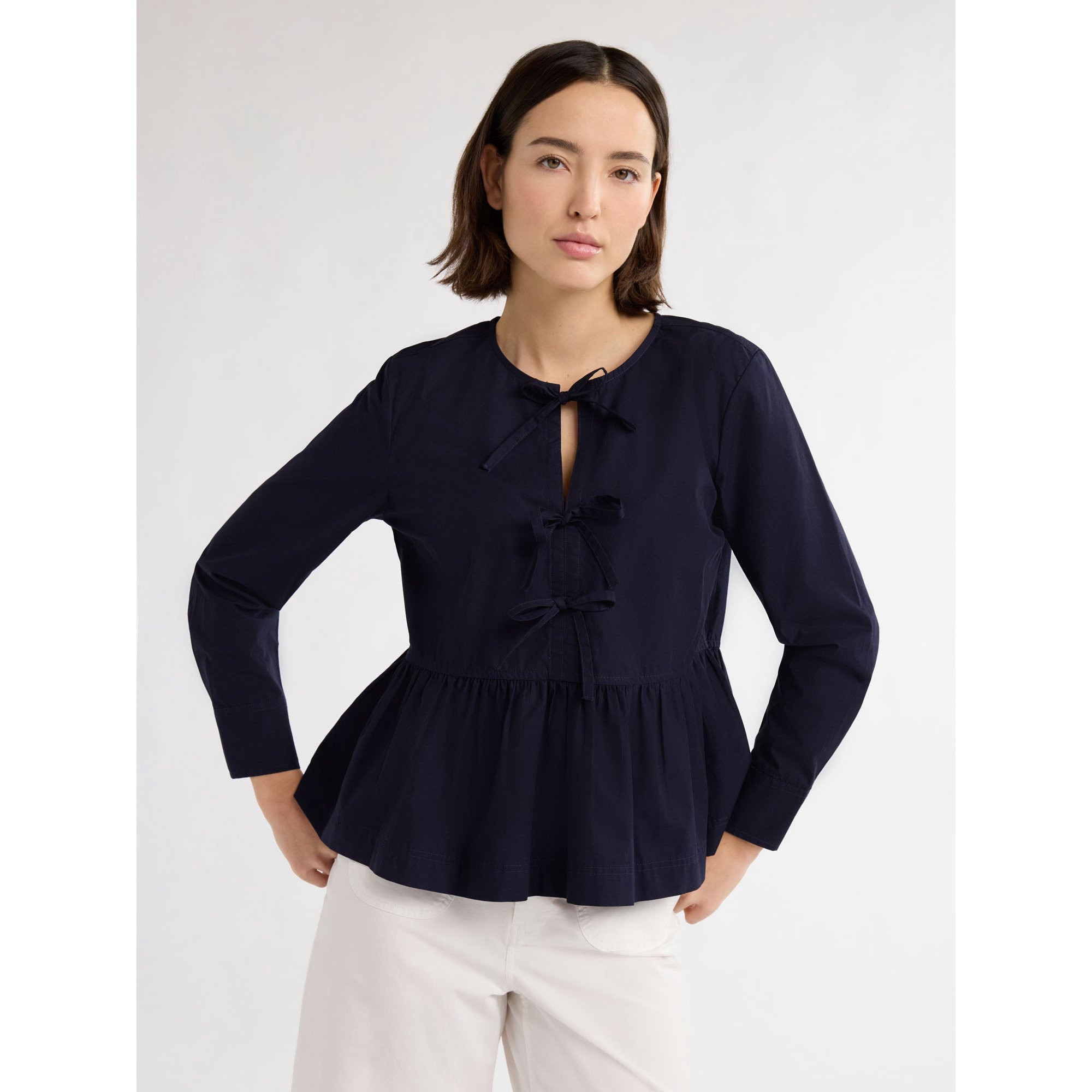 Free Assembly Women’s and Women's Plus Cotton Bow Front Top with Long Sleeves, Sizes XS-4X | Walmart (US)