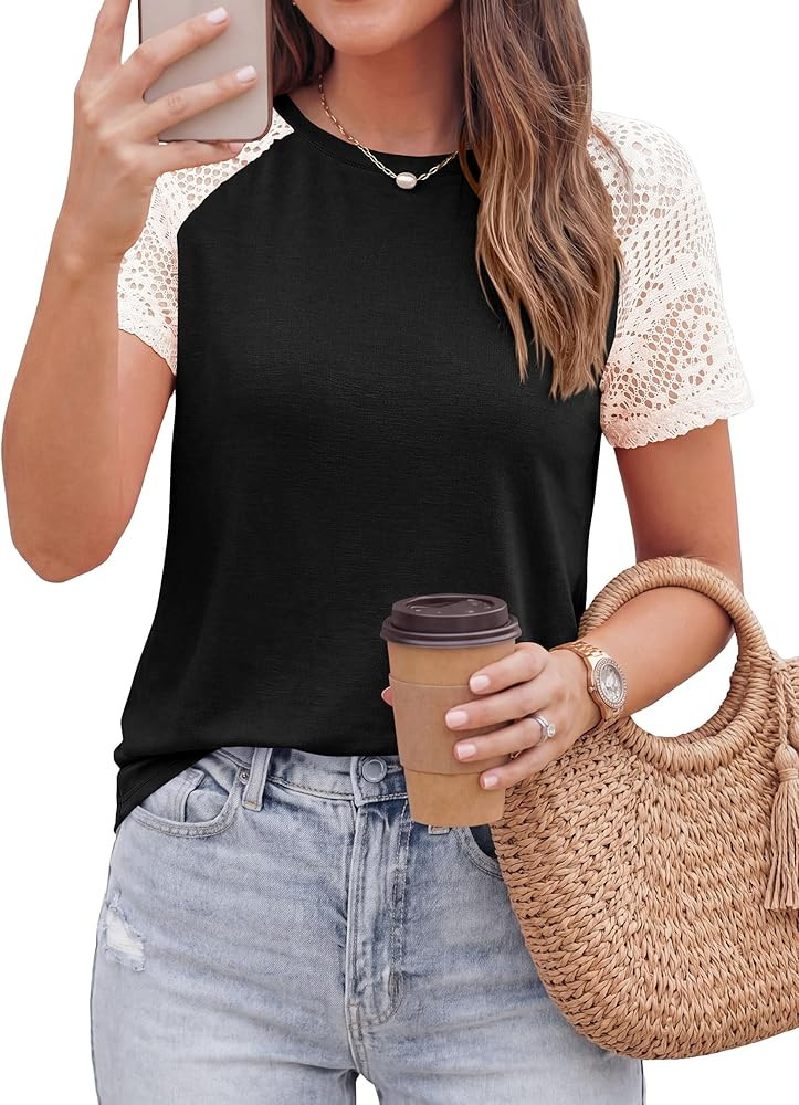 PRETTYGARDEN Womens Summer Tops Casual 2026 Lace Raglan Short Sleeve T Shirts Basic Tees Spring F... | Amazon (US)