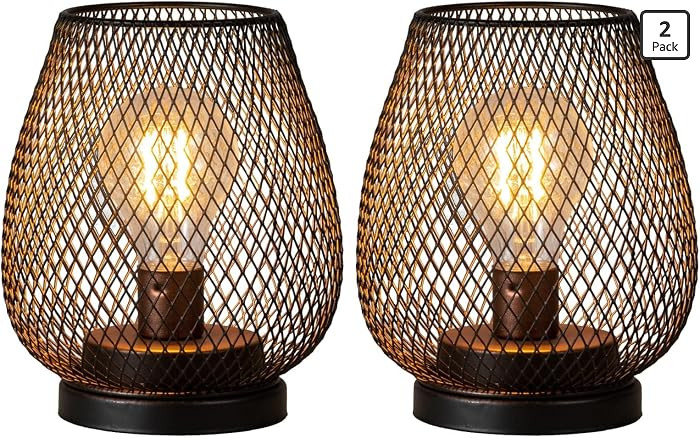 DECORKEY Set of 2 Battery Operated Lamp LED Table Lantern, Brown Metal Cage Cordless Lamps with L... | Amazon (US)