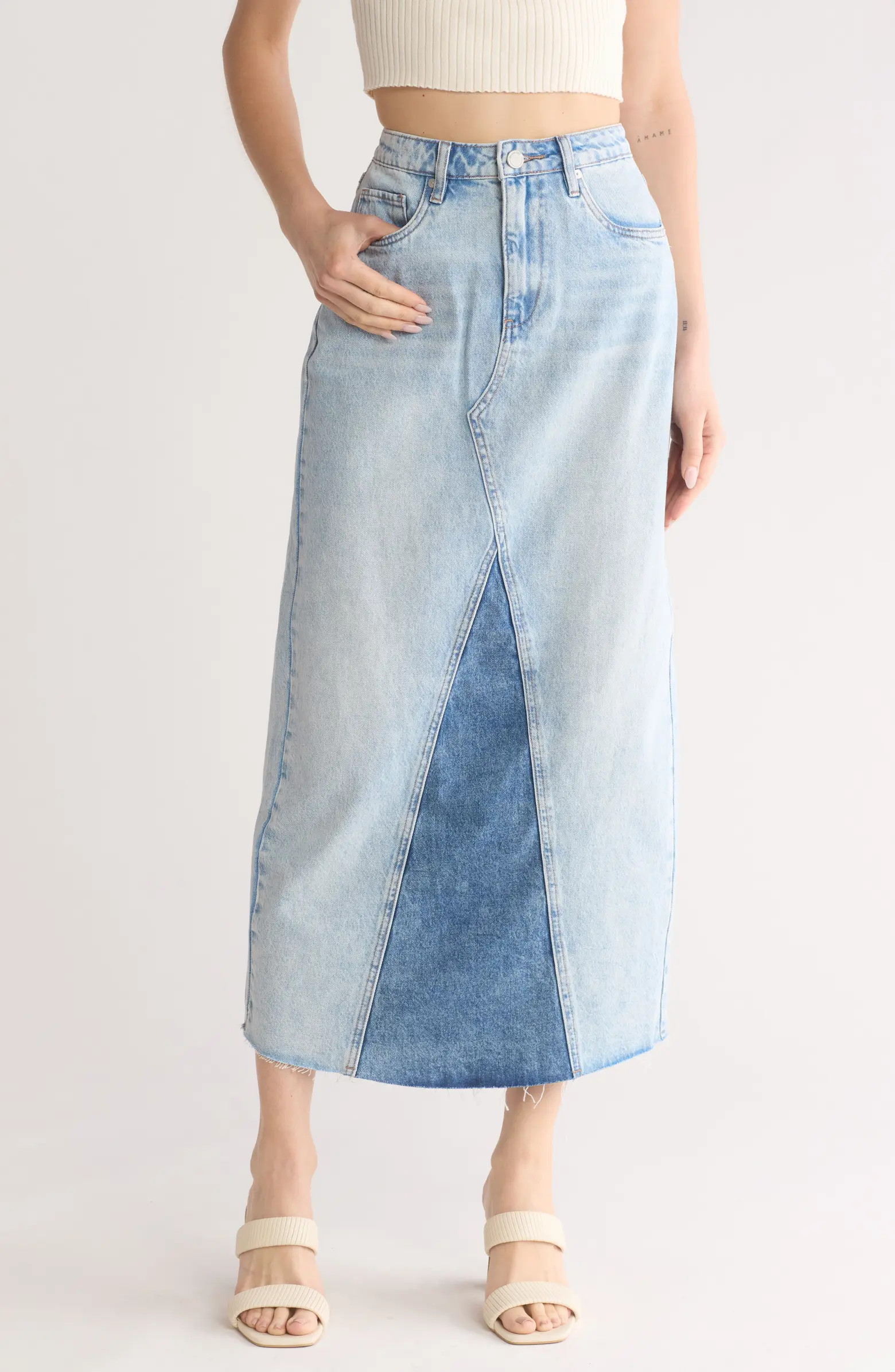 BLANKNYC Patchwork Denim Midi Skirt | Nordstromrack | Nordstrom Rack