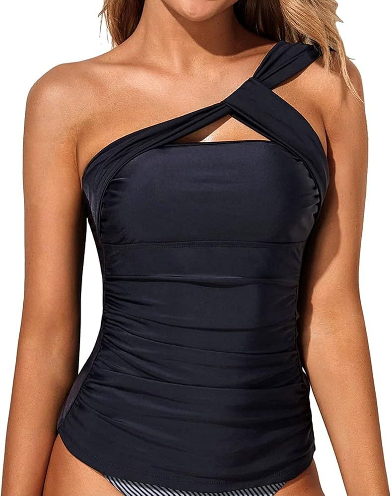 Tempt Me Women Tankini Top Swim Tops Ruched One Shoulder Bathing Suit Swimsuit Tops Only | Amazon (US)