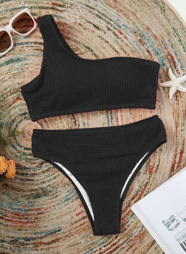 Astylish Womens Two Pieces Bikini One Shoulder Bandeau High Cut Swimwear Padded Bathing Suit | Amazon (US)
