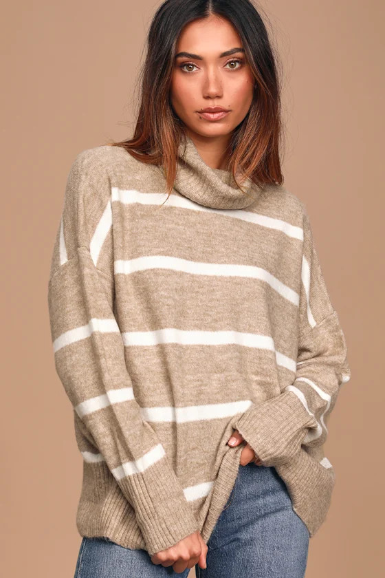 Bundled Up Beige and White Striped Oversized Turtleneck Sweater | Lulus (US)