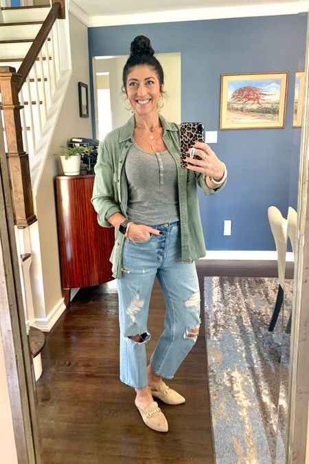 Casual jeans and utility top OOTD. Target jeans, Aerie Henley style tank and green utility button down. Steve Madden suede mules with gold detail  

#LTKunder50 #LTKshoecrush #LTKstyletip