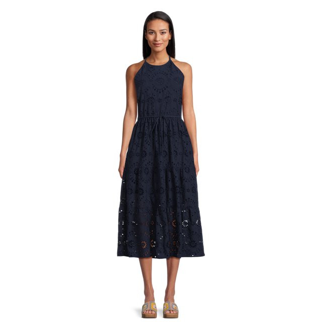 Time and Tru Women's Eyelet Halter Midi Dress with Tiered Skirt, Sizes XS-XXXL | Walmart (US)