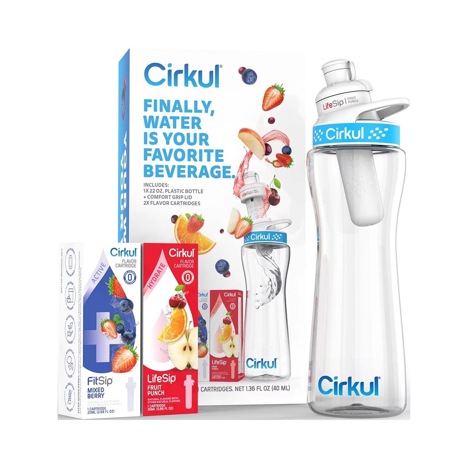 Cirkul 22oz Plastic Water Bottle Starter Kit with Blue Lid and 2 Flavor Cartridges (Fruit Punch &... | Walmart (US)