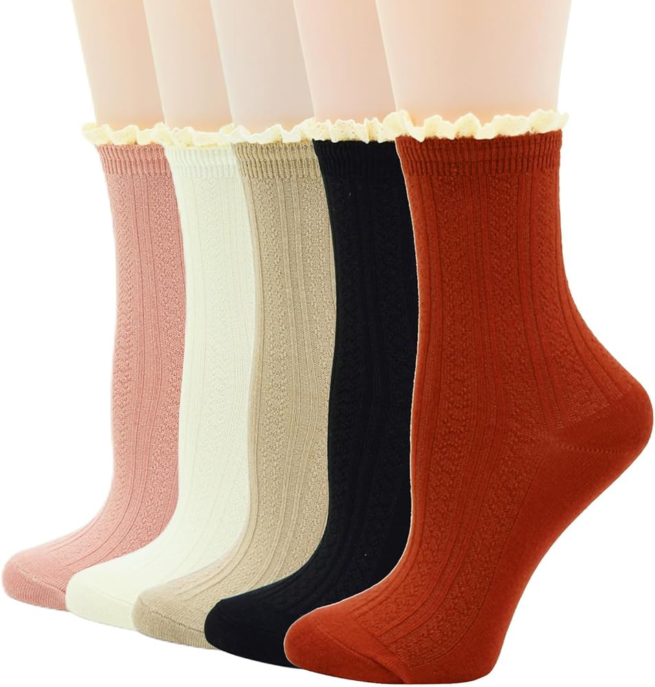 Women's Trim Ruffle Frilly Turn Cuff Socks - Cute Vintage Dress Crew Ankle Boot Socks | Amazon (US)