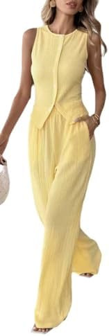 Wuitrie Women's Textured Two-Piece Set Sleeveless Button Vest Top High Waist Wide Leg Pants Outfi... | Amazon (US)