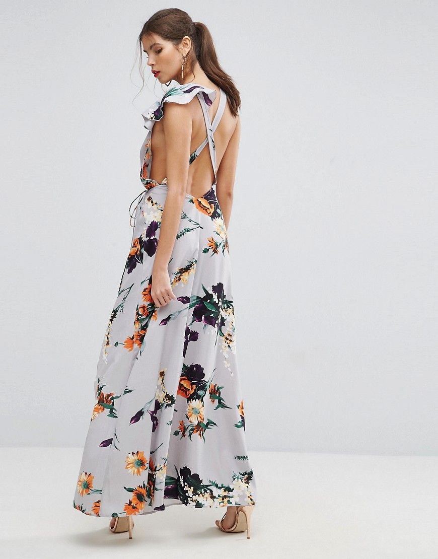 ASOS Asymmetric Ruffle Cross Back Floral Maxi Dress - Multi | ASOS US