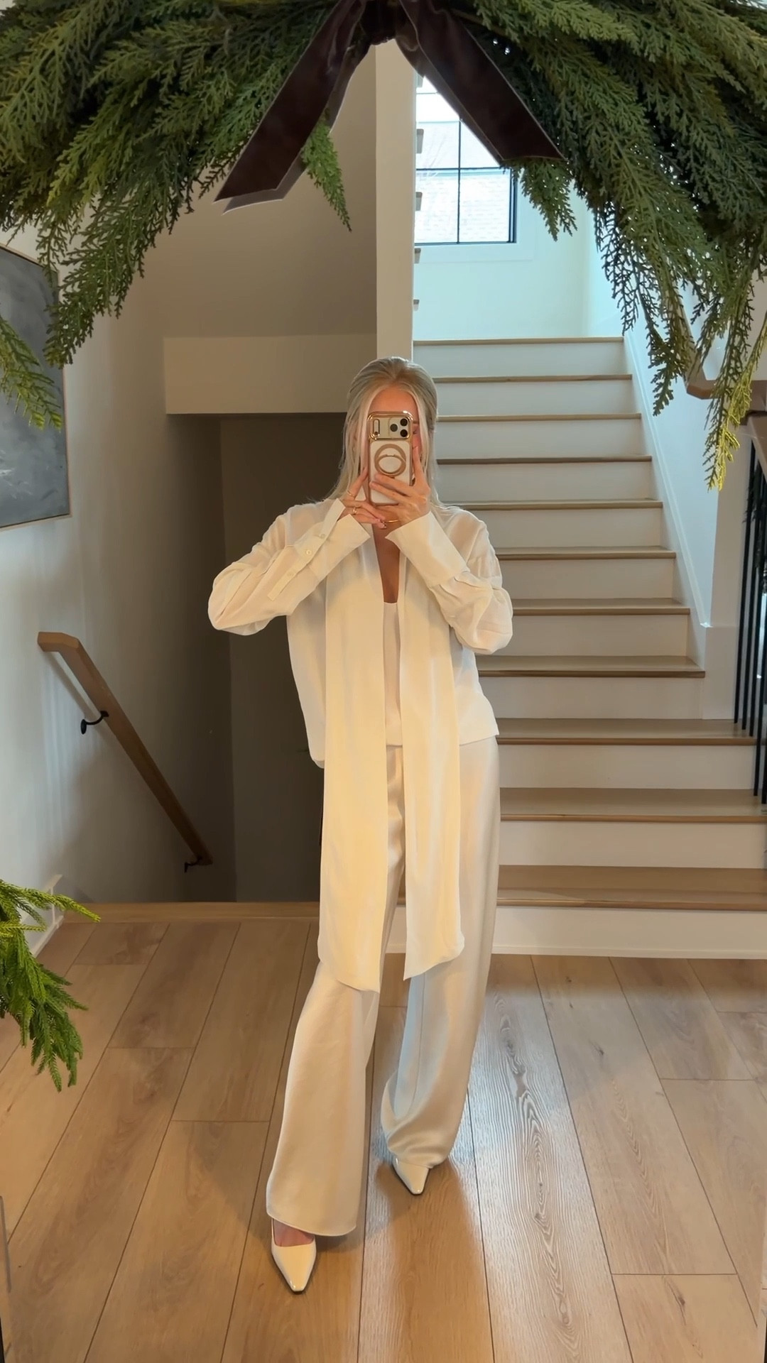 Wearing a small in top and pants, shoes are tts! Code KPGS25! For pointer finger ring. Linking similar in all! #kathleenpost

chic white outfit, winter white look, work attire, work wear

#LTKootd #LTKHoliday #LTKSeasonal