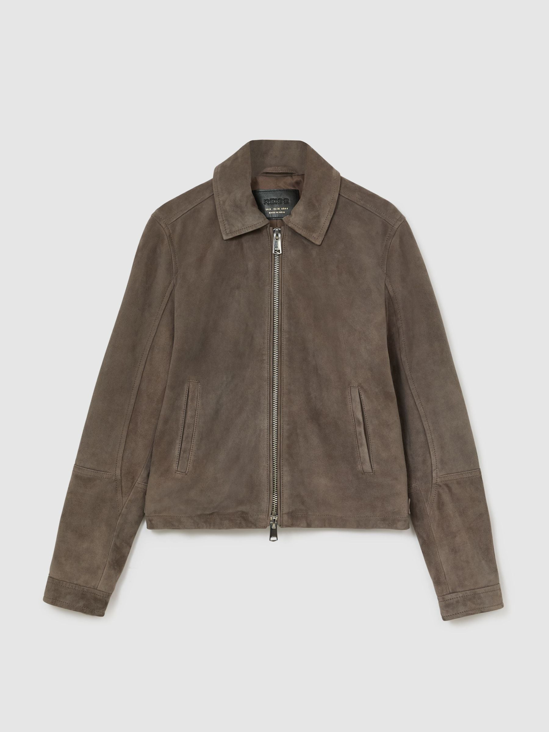 Reiss Suede Zip-Through Moto Jacket in Grey | REISS | Reiss US