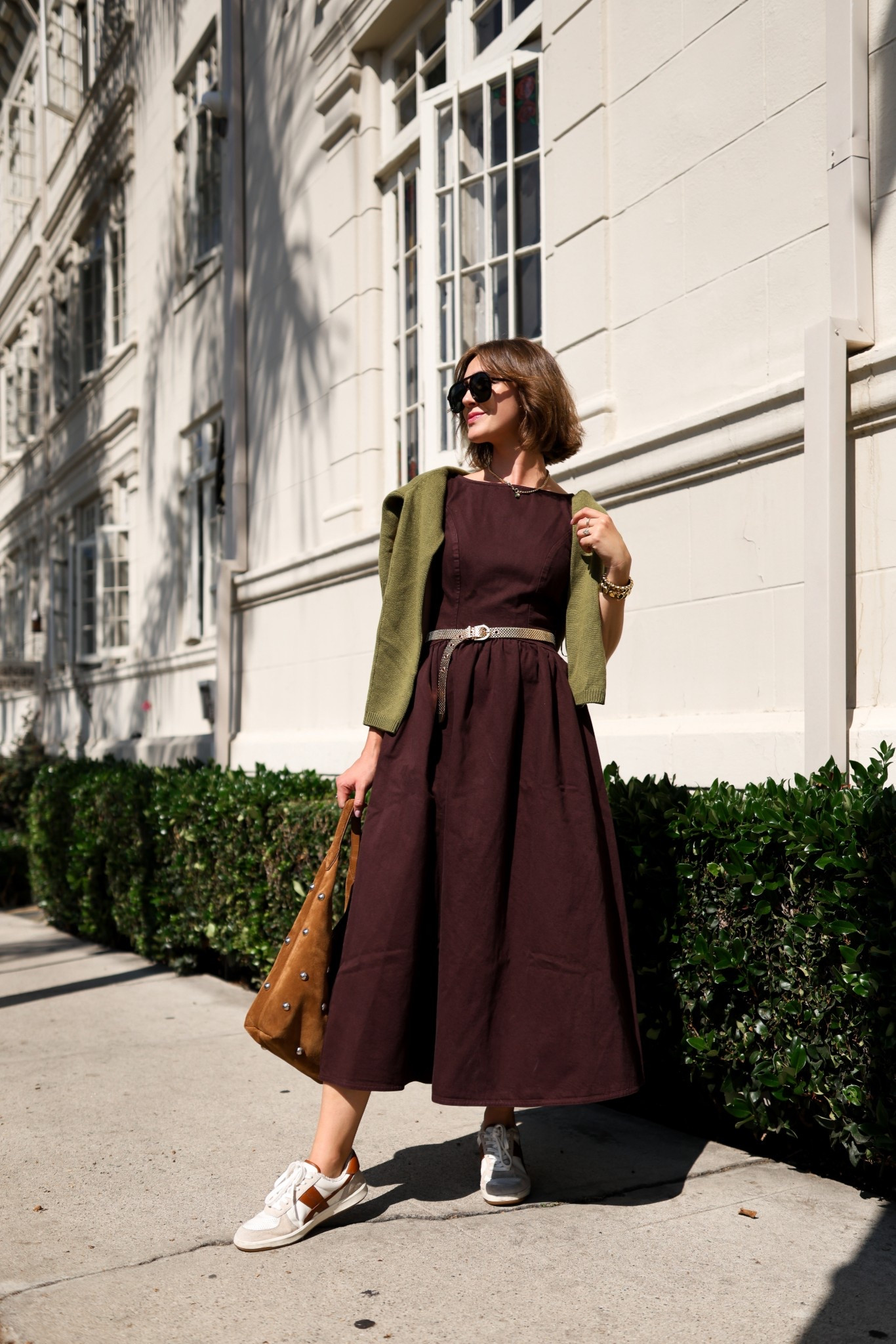 Brown dress in extra small 
Green cardigan in small

Gold belt, retro sneakers, polarized sunglasses, suede studded bag 

#LTKFindsUnder100 #LTKSeasonal