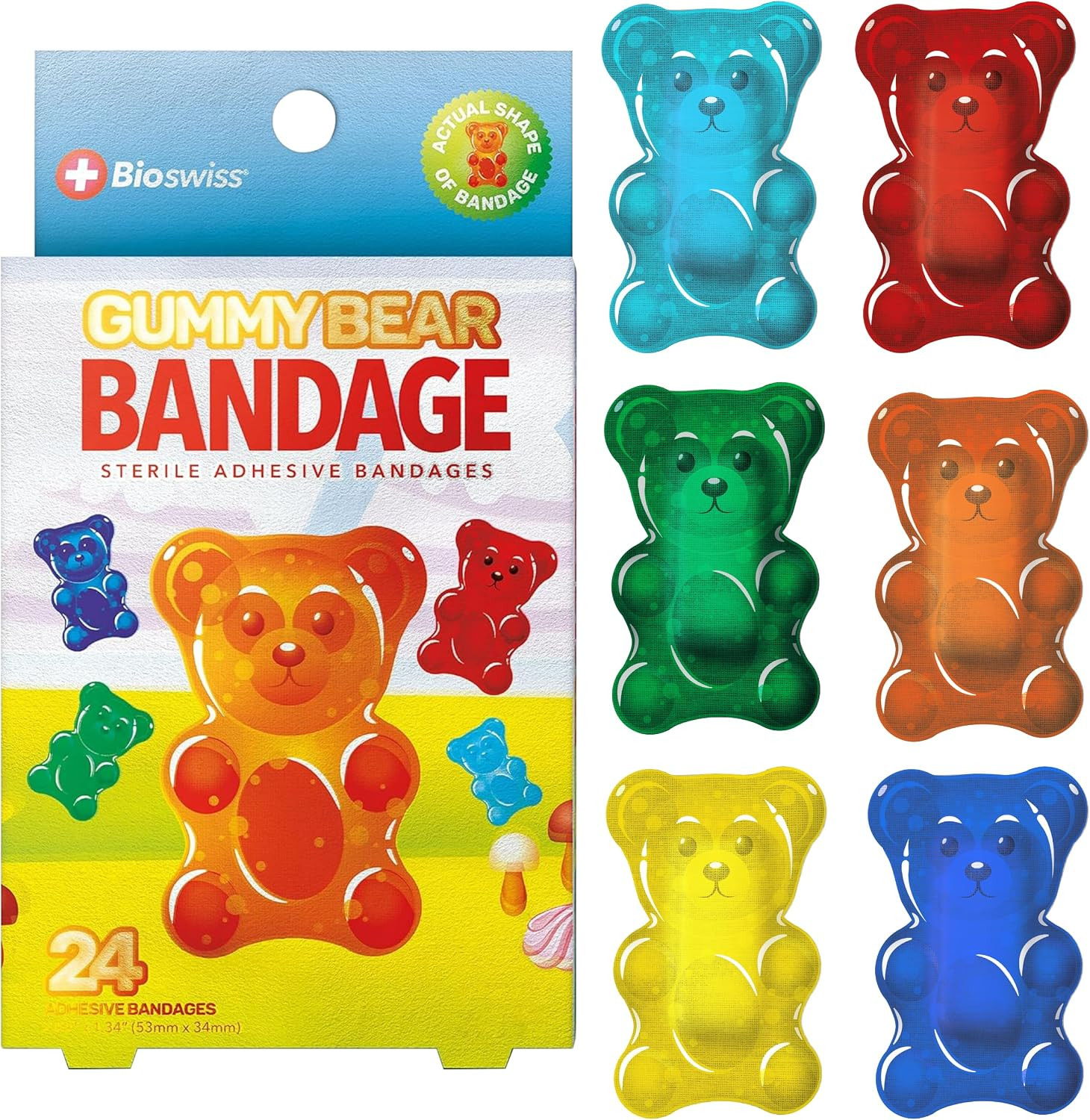BioSwiss Bandages, Gummy Bear Shaped Self Adhesive Bandage Set, Latex Free, Sterile Wound Care, 24 Count | Amazon (US)