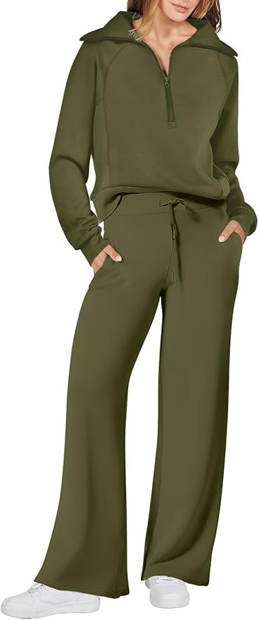 ANRABESS Women 2 Piece Outfits Sweatsuit Set 2023 Fall Oversized Half Zip Sweatshirt Wide Leg Swe... | Amazon (US)