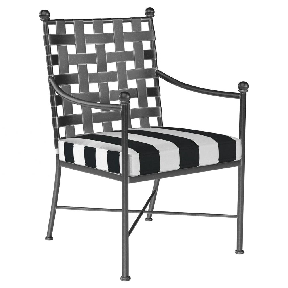 Aurore White Black Stripe Cabana Cushion Metal Outdoor Dining Arm Chair | Kathy Kuo Home