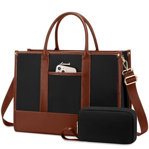 LOVEVOOK Laptop Bag for Women 15.6 inch Canvas Laptop Tote Bag， Large Professional Teacher Purse Lightweight Computer Bag Briefcase Business Office, Black Brown | Amazon (US)