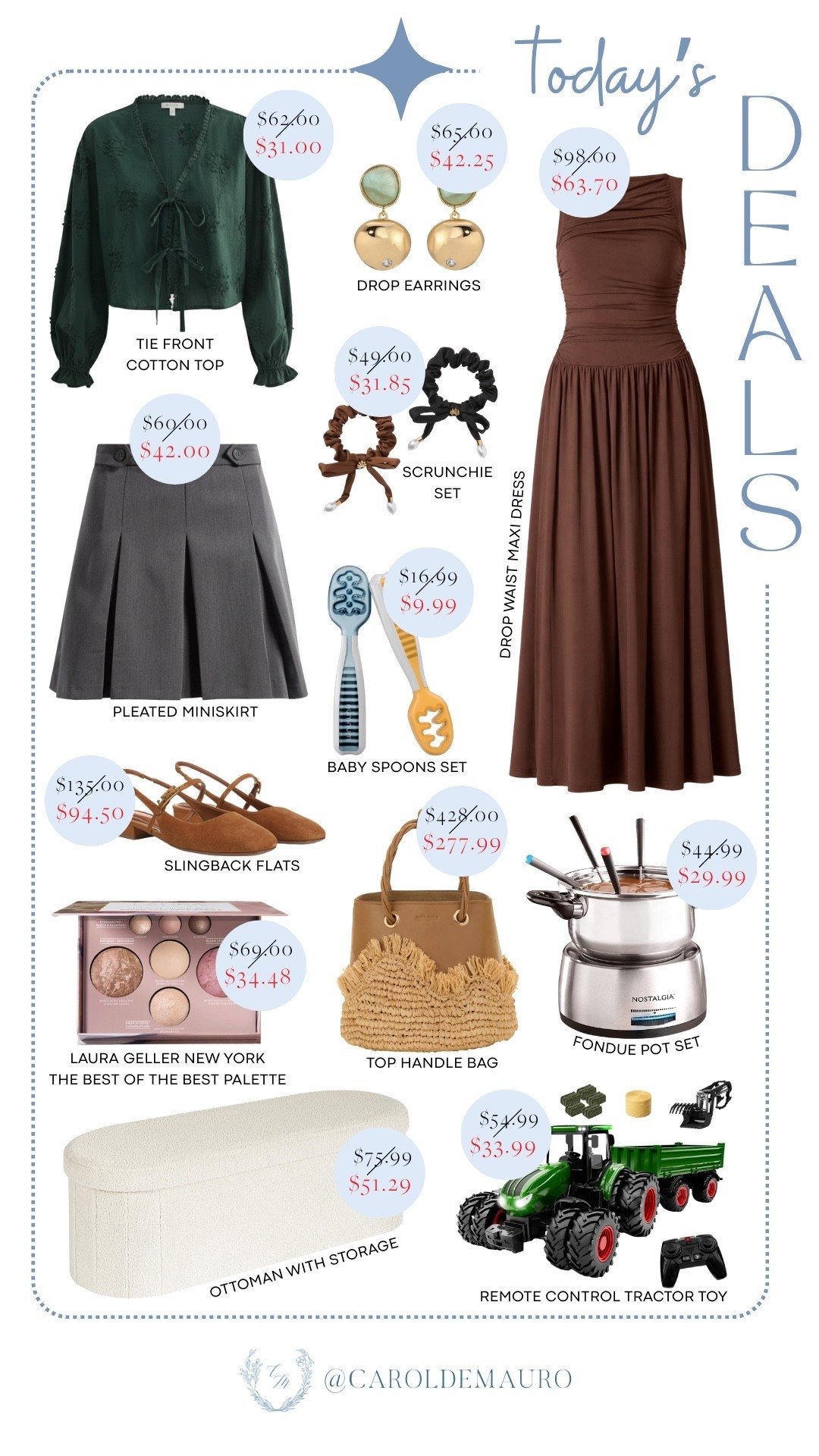 From wardrobe staples to home essentials, and the cutest finds for the kids, today’s haul is all about savings! Whether you're eyeing that stunning drop-waist maxi dress, a tie-front cotton top, slingback flats, or finally grabbing the Laura Geller The Best of The Best palette, an ottoman with storage, or a fondue set for movie night, now is the time to add to cart!

spring outfit, transitional looks, fashion accessories, makeup faves, living room storage, home decor, kitchen appliances, toddler toy

#LTKSeasonal #LTKU #LTKSaleAlert