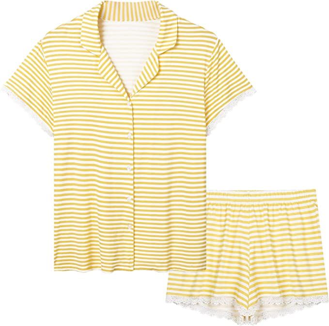 Joyaria Womens Ultra Soft Pajama Button Down Short Sleeve Pj Set with Lace Trim-Small-XXL | Amazon (US)