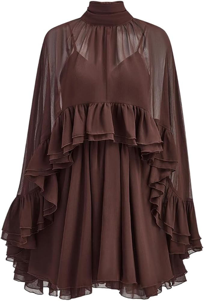 Women’s Semi Sheer Chiffon Ruffle Dress with Outer Cape, Poncho Sleeve Flowy Mini Dress, Loose ... | Amazon (US)