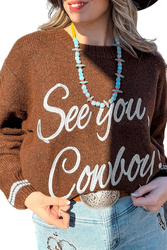 Urchics Women's White See You Cowboy Embroidered Western Graphic Sweater Casual Vintage Knit Crew... | Amazon (US)
