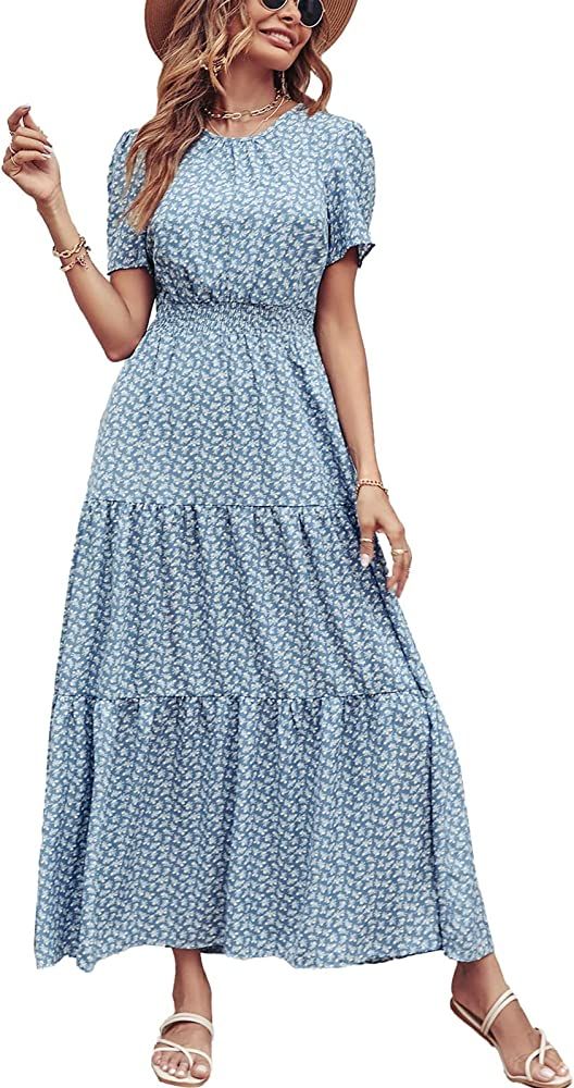 PRETTYGARDEN Women Short Sleeve Crew Neck Smocked Elastic Waist Tiered Maxi Dress Summer Boho Flo... | Amazon (US)