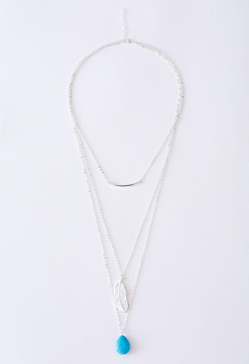 Turquoise Feather Pendant Multi-Layered Necklace in Silver | Chicwish