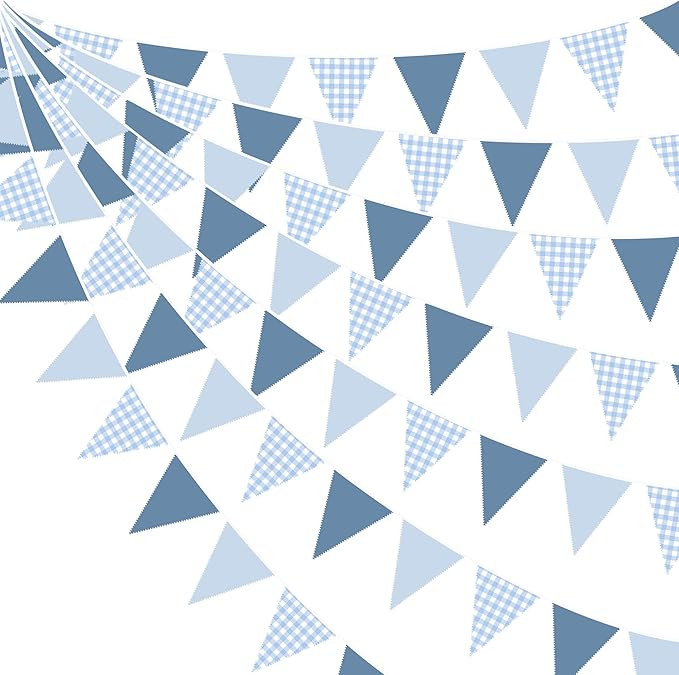 32Ft Dusty Blue Party Decorations Retro Blue Gingham Triangle Banner Flag Pennant Fabric Garland ... | Amazon (US)