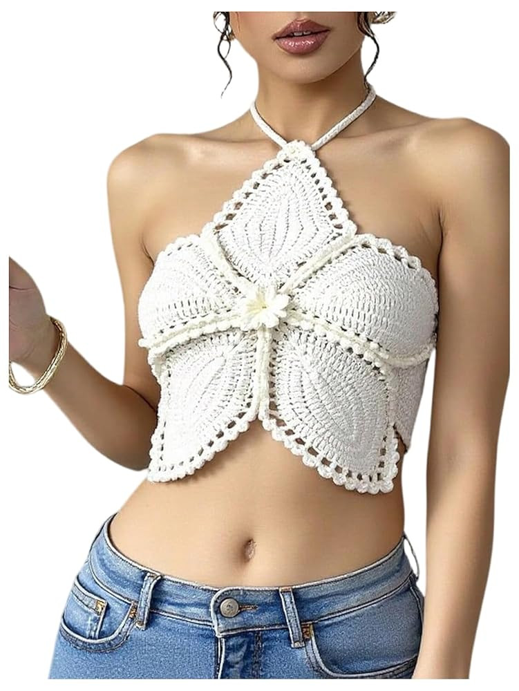 Milumia Women's 3D Floral Crochet Knit Halter Top Y2k Tie Back Hollow Out Crop Tops | Amazon (US)
