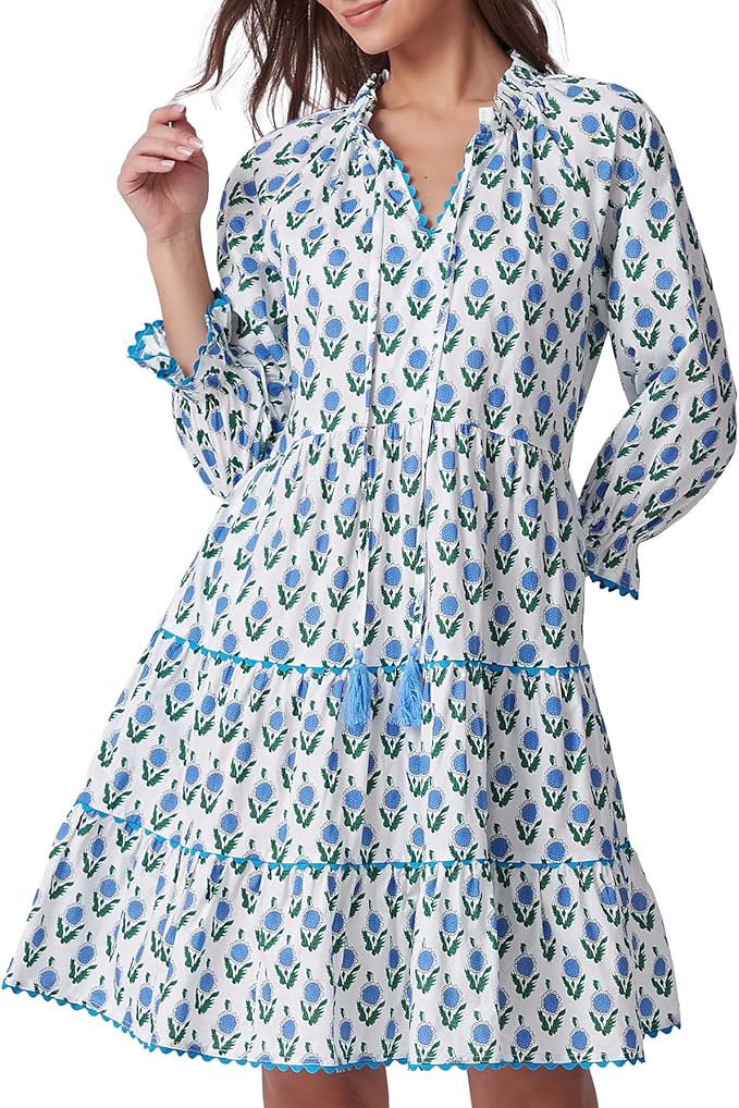 Kedera Womens Casual Mini Dress Long Sleeve Floral Ruffle V Neck Summer Loose Boho Babydoll Dress... | Amazon (US)