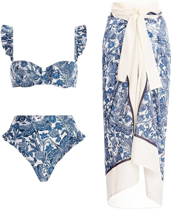 Women's 3 Piece Floral Underwire Bikini Swimsuit Set and Cover Up Beach Dress | Amazon (US)
