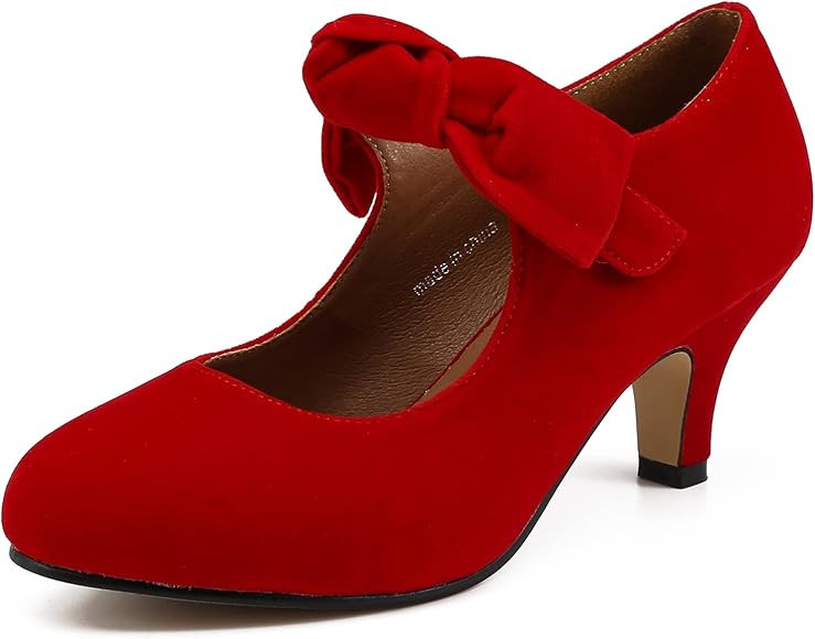 LIURUIJIA Women's Bow Heels Mary Jane Kitten Heel Pumps Round Toe Low Heels Ankle Strap Wedding E... | Amazon (US)