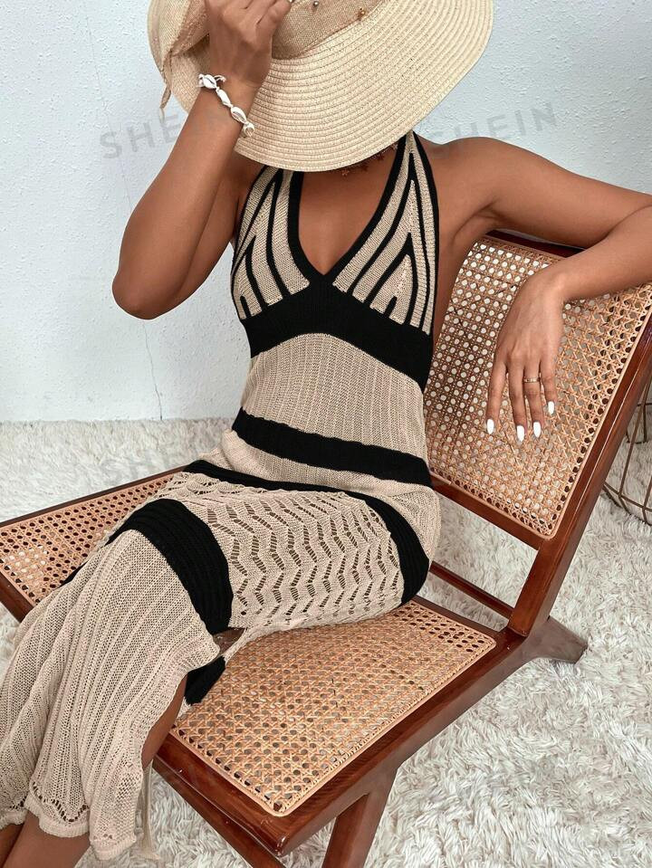 SHEIN Swim Colorblock Split V-Neck Halter Cover Up Long Dress, For Vocation,Summer Beach | SHEIN