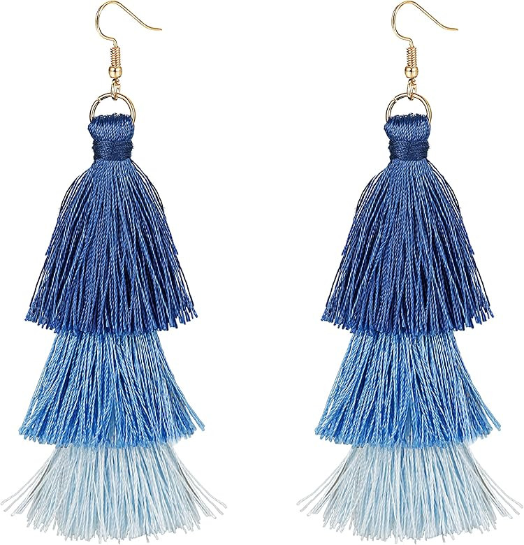FINREZIO 1-2 Pairs Dangle Tassel Earring for Women Girls Boho Earring Long Thread Tassel Earrings Bo | Amazon (US)