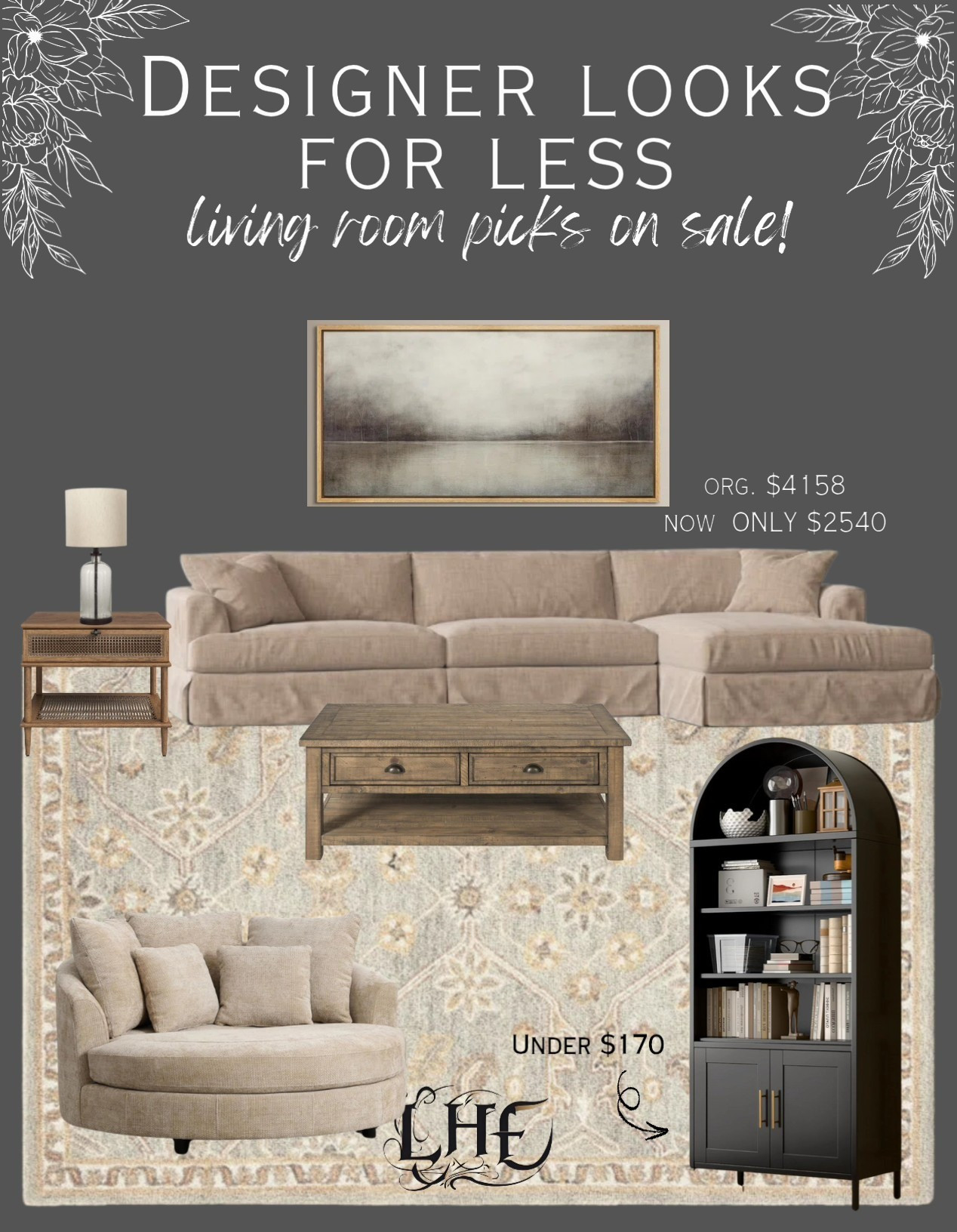 Designer looks for less yes please! Shop this look by clicking the thumbnails below 👇... Farmhouse living room, modern farmhouse living room, sofa, couch, sectional couch, sectional sofa, living room, affordable furniture, get the look, arched cabinet, accent table, side table, living room rug, living room inspo, large chair, swivel chair, oversized swivel chair, wall art, moody wall art, coffee table, affordable living room, affordable couch, affordable coffee table, table lamp, living room lamp, area rug, neutral living room, neutral area rug 

#LTKHome #LTKStyleTip #LTKSaleAlert