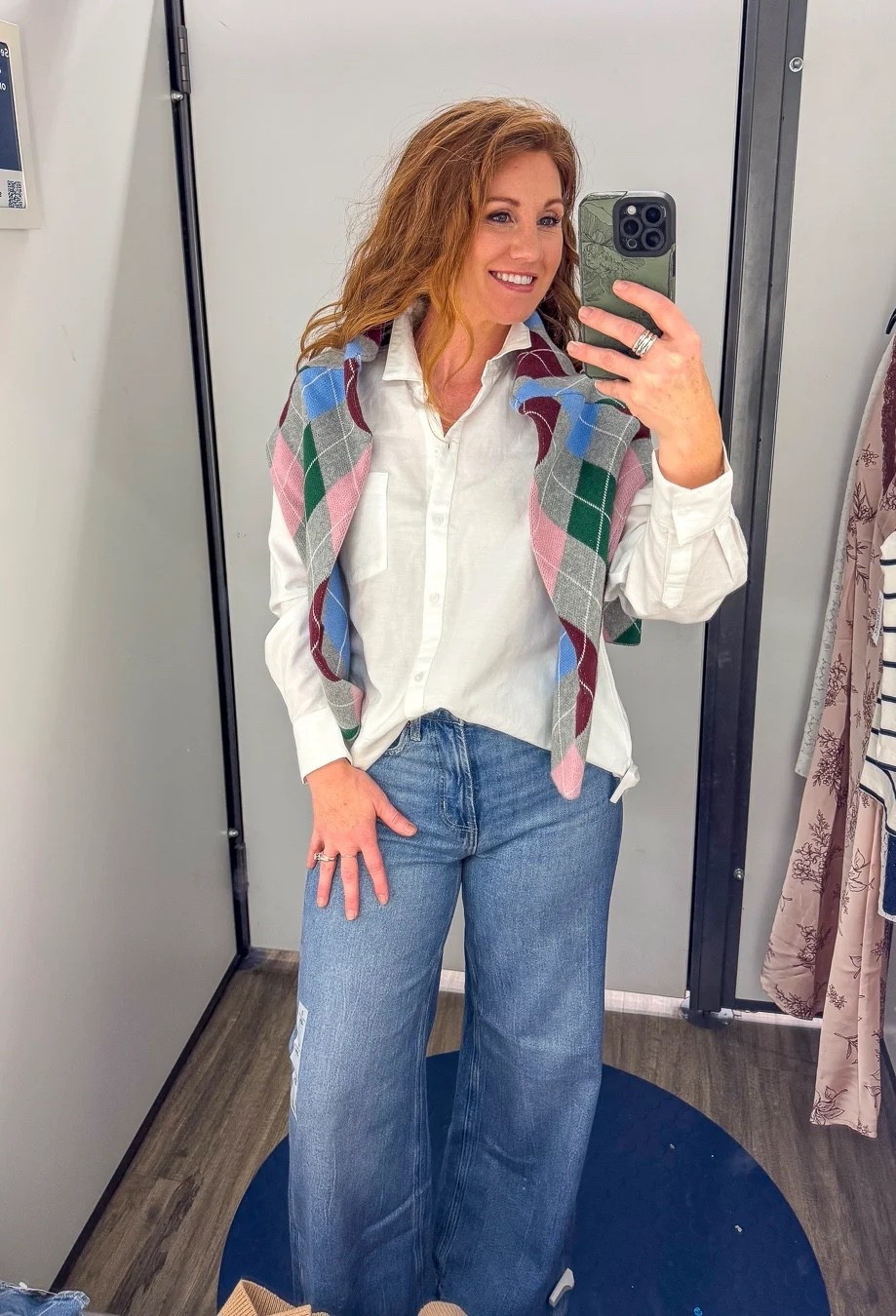 Old Try on with Stephanie! She has classic white shirt and wide leg jeans with a pop of color from this fun argyle sweater. XS shirt | size 2 jeans 

#LTKWorkwear #LTKPetite #LTKStyleTip