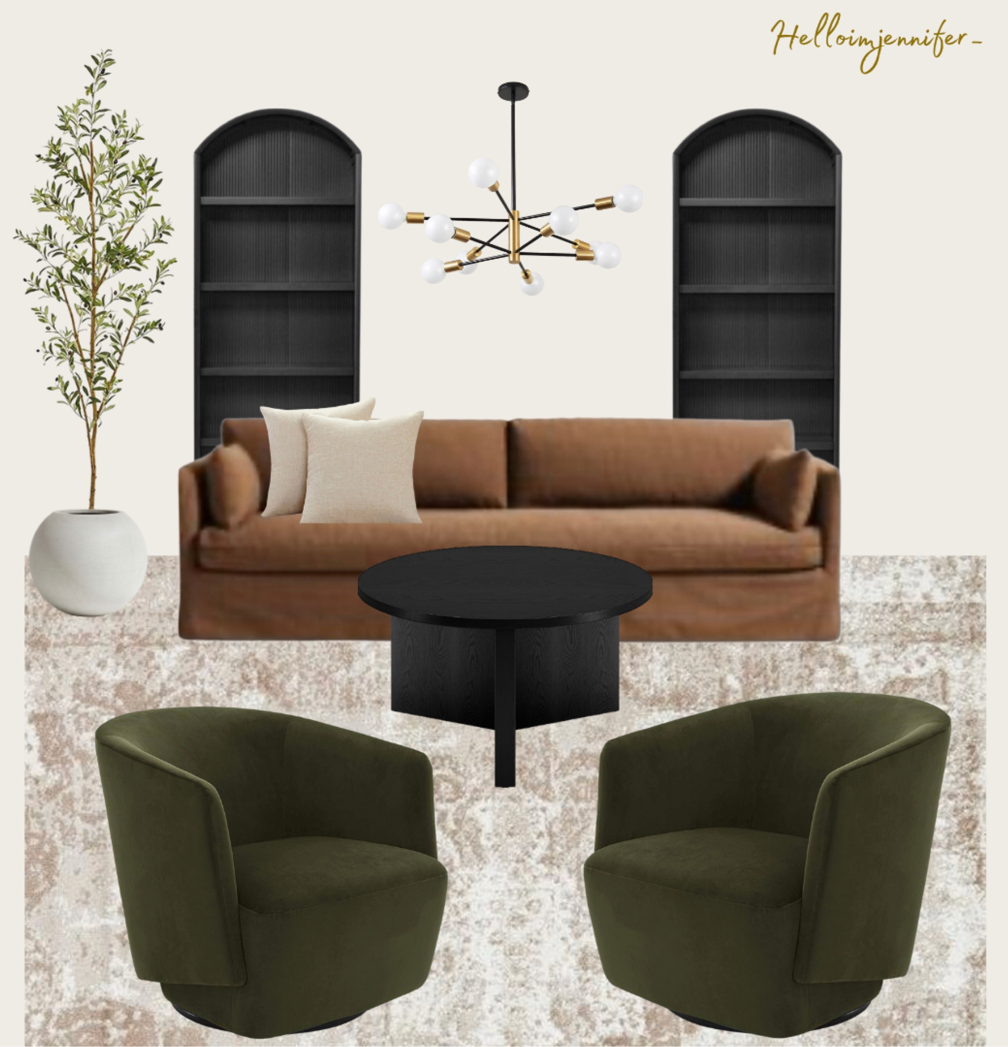 Same look different chairs! 
Living room furniture, living room decorations, throw pillows, neutral throw pillows, black bookshelves, green accent chairs, affordable rugs, brown couch, neutral living room, black and gold chandelier, faux olive tree, indoor planter, arch bookshelf, neutral rug, beige rug, contemporary design, traditional design, modern design

#LTKcurves #LTKhome #LTKstyletip