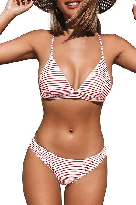 CUPSHE Women’s Bikini Swimsuit Stripe V Neck Back Cross Two Piece Bathing Suit | Amazon (US)