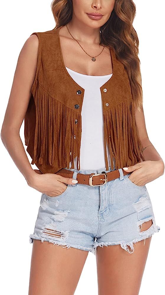 Hotouch Fringe Vest Women Faux Suede Open-Front Vintage Vest Sleeveless 70s Hippie Clothes Boho W... | Amazon (US)