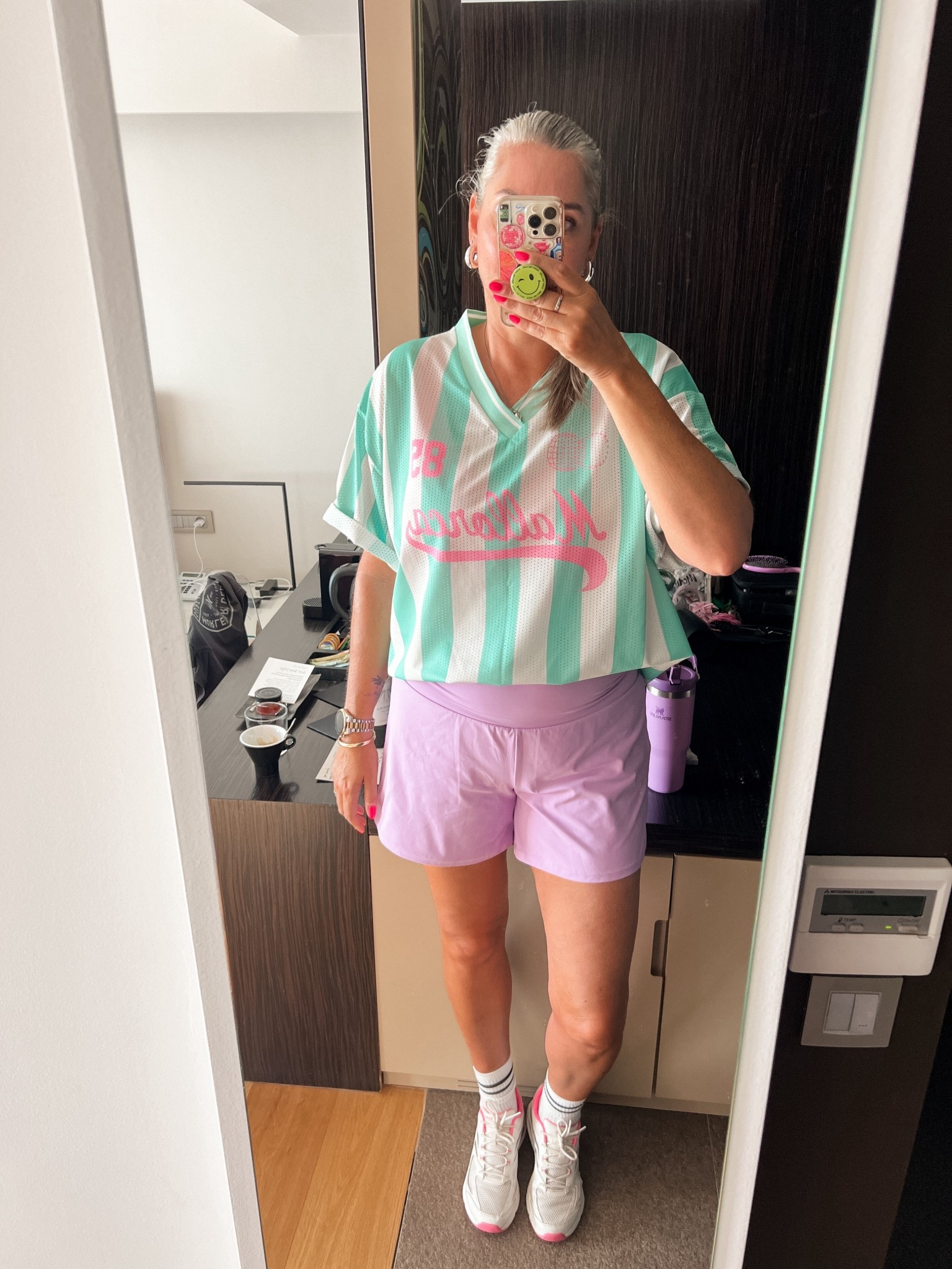 OOTD - Sunday. Ready to hike mount Dikeos. Wearing a mint green striped football style jersey paired with lilac Halara sport shorts (perfect for hikes and come in lengths), crew socks and Skechers sneakers. My Stanley cup was the perfect match. 



#LTKeurope #LTKfitness #LTKtravel