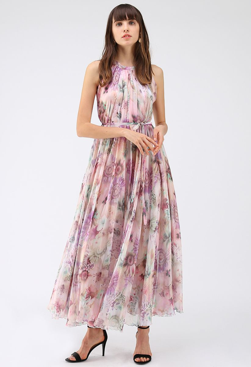 Sunflower Blossom Watercolor Chiffon Maxi Slip Dress | Chicwish
