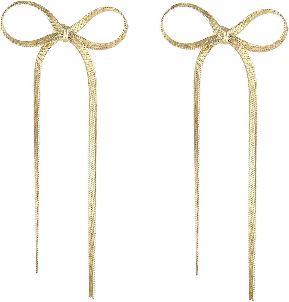Gold Bow Earrings Long Tassel Drop Dangle Statement Earring Bowknot Jewelry Gift for Women Girls | Amazon (US)