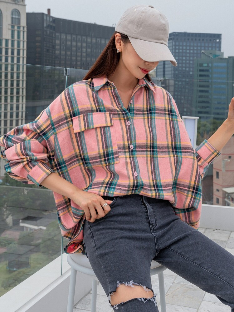 DAZY Gingham Drop Shoulder Oversized Shirt | SHEIN