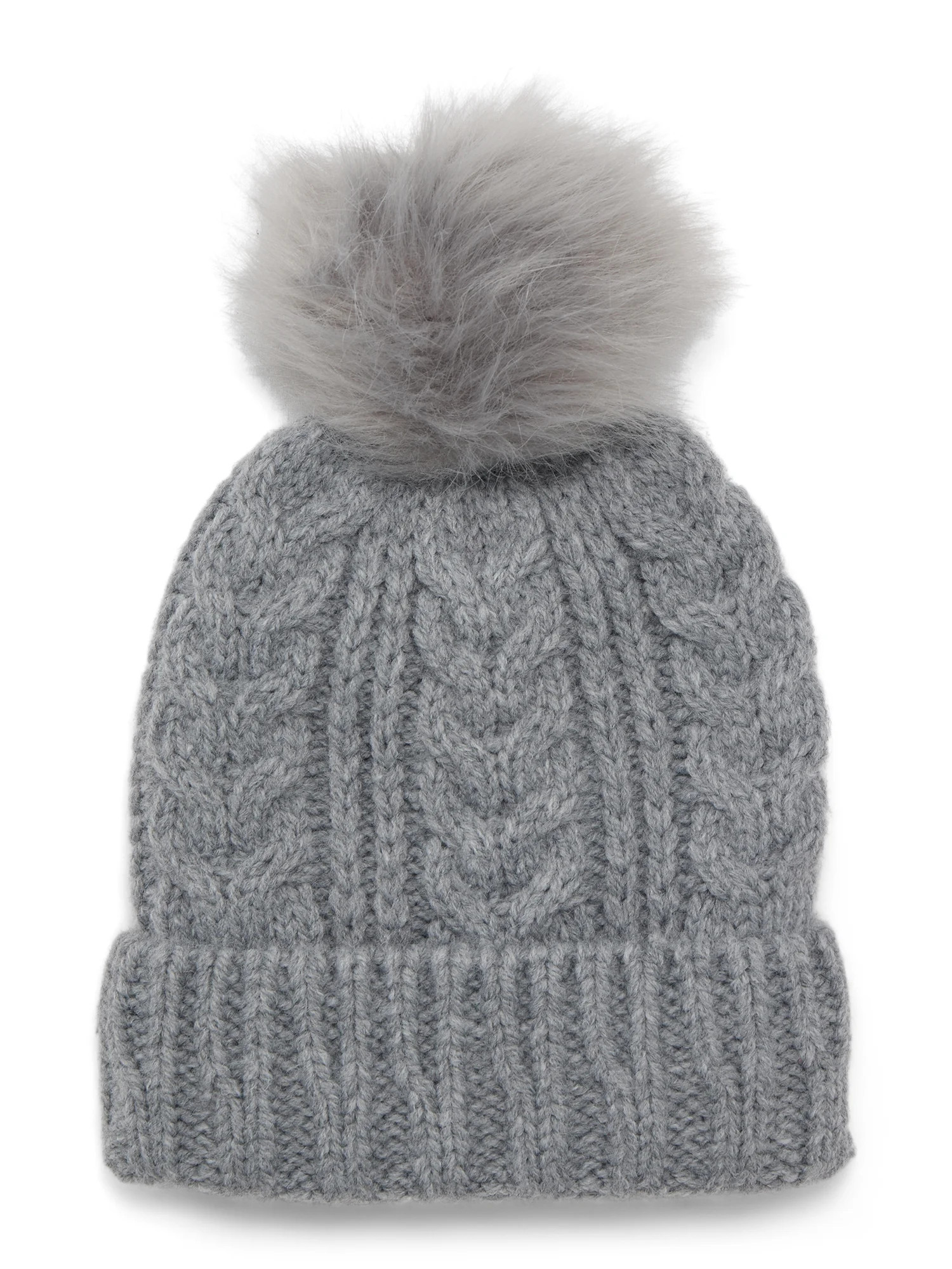 Time and Tru Women's Cable Pom Cuff Beanie, One Size Fits Most, Medium Grey Heather | Walmart (US)