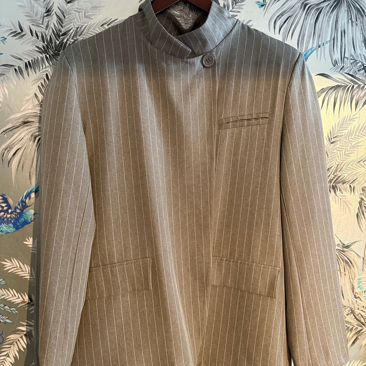 Pinstripe Funnel Neck Blazer - Biscuit | Law and Co