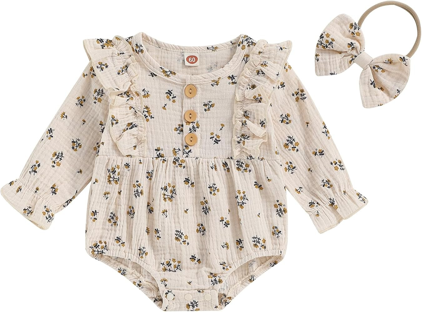 PUHHAPIEY Baby Girl Cotton Linen Romper Ruffle Long Sleeve Bodysuit Newborn Infant Onesie Playsui... | Amazon (US)