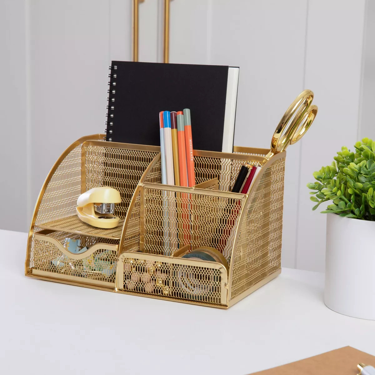 Martha Stewart Small 7-Slot Mesh Metal Desktop Organizer Gold: Office Desk Accessories & Organiza... | Target